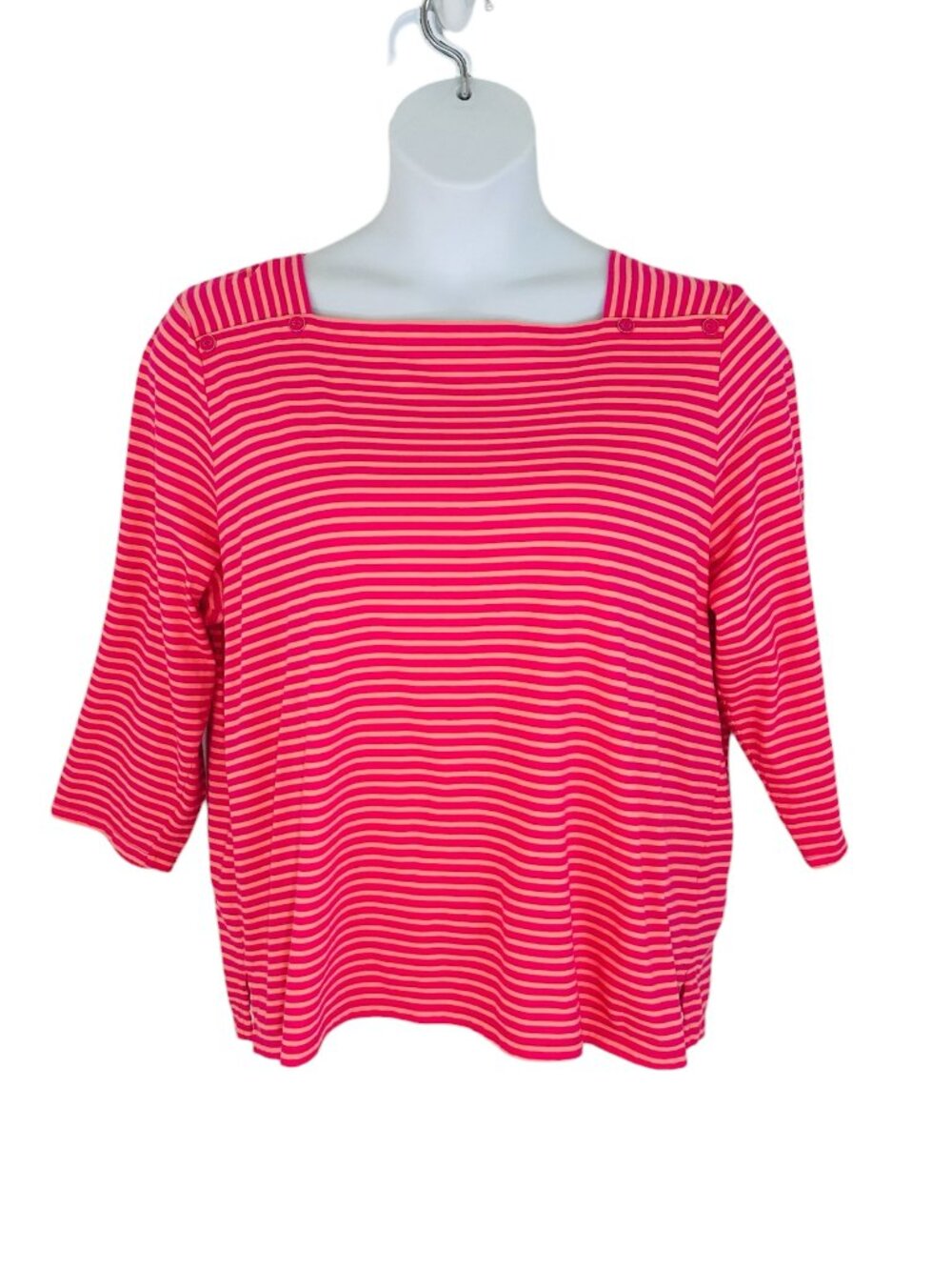Talbots Women's Plus Size 2X Stripe Square Neckline 3/4 Sleeve Pink Top